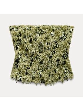 Olive Green Sequin Fringe Strapless Top